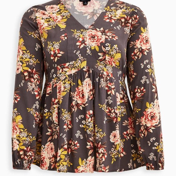 Torrid Babydoll Rayon Crepe Top 1X Gray Floral NWT - Picture 3 of 5